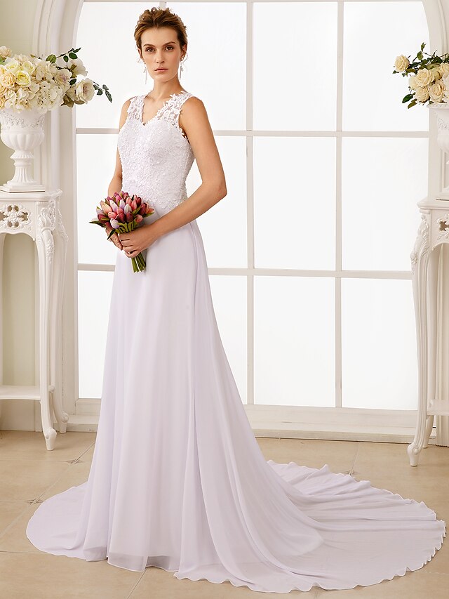  A-Line Wedding Dresses V Neck Court Train Chiffon Lace Regular Straps Open Back with Beading Appliques 2020