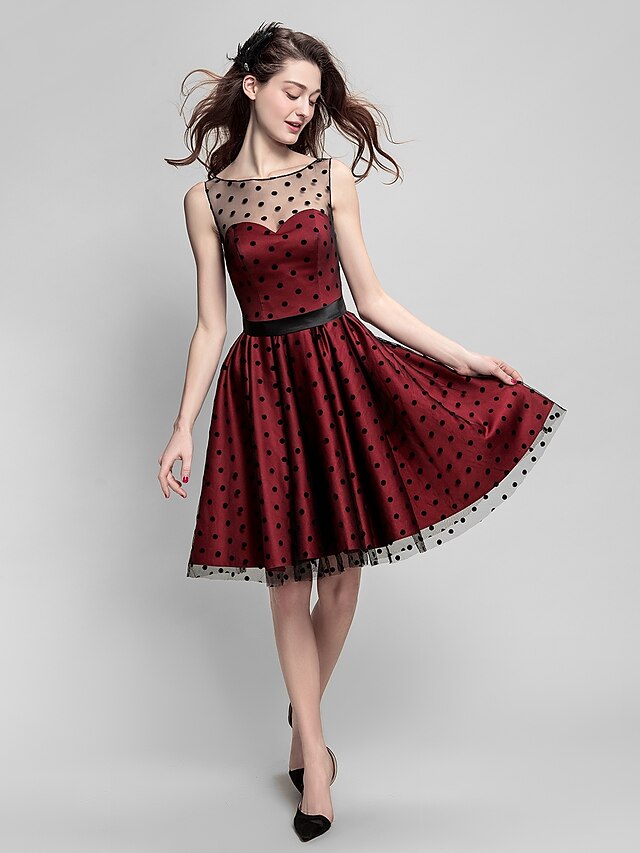  A-Line / Fit & Flare Illusion Neck Knee Length Satin / Tulle Dress with Sash / Ribbon by TS Couture®