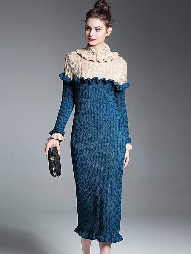  Women's Ruffle Daily Slim Sheath / Sweater Dress - Color Block Turtleneck Fall Cotton Blue M L XL