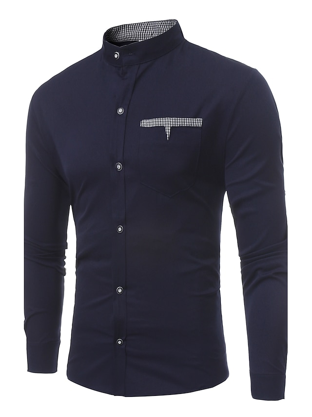  Men's Shirt Solid Colored Standing Collar White Black Wine Navy Blue Long Sleeve Daily Slim Tops