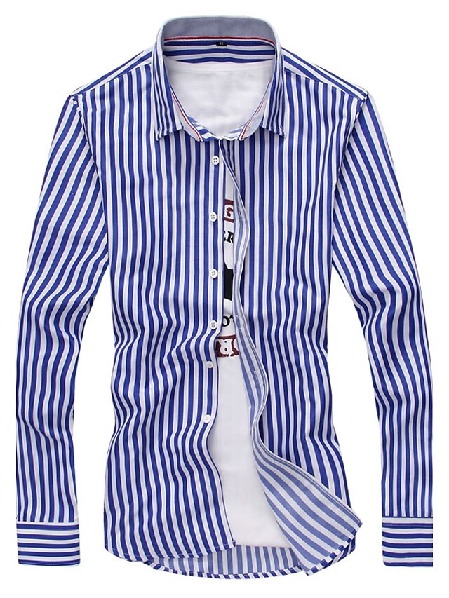  Men's Casual Plus Size Cotton Slim Shirt - Striped / Long Sleeve / Summer / Fall