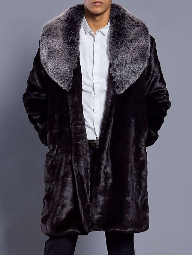  Men's Daily Fall / Winter Plus Size Long Fur Coat, Solid Colored Shirt Collar Long Sleeve Faux Fur Black