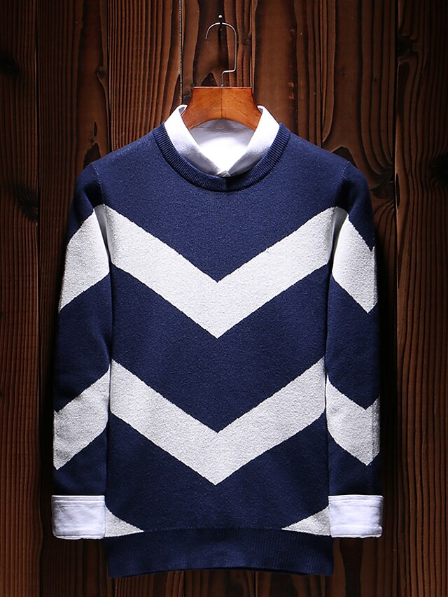  Men's Daily Boho / Street chic Solid Colored / Striped / Color Block Long Sleeve Plus Size Regular Pullover, Round Neck Fall / Winter Navy Blue / Gray / Wine XL / XXL / XXXL