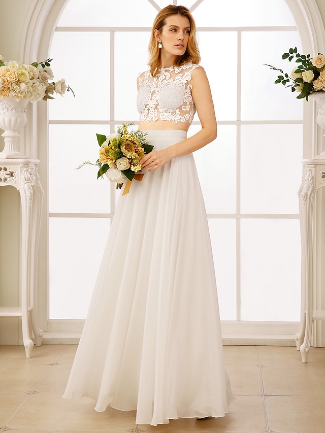  Beach Wedding Dresses Two Piece Jewel Neck Sleeveless Floor Length Chiffon Bridal Gowns With Appliques 2024