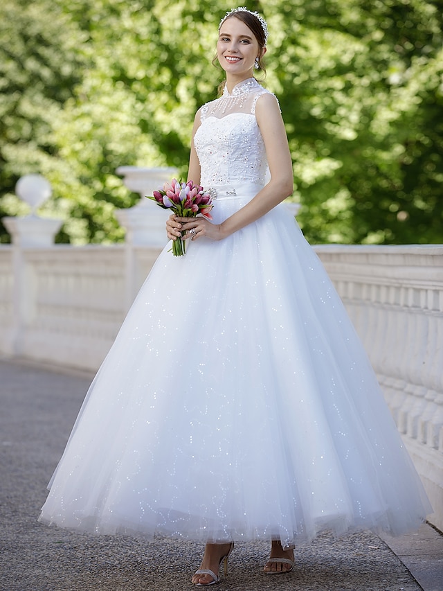  Ball Gown High Neck Ankle Length Tulle Made-To-Measure Wedding Dresses with Sequin / Appliques by LAN TING BRIDE® / Sparkle & Shine / See-Through