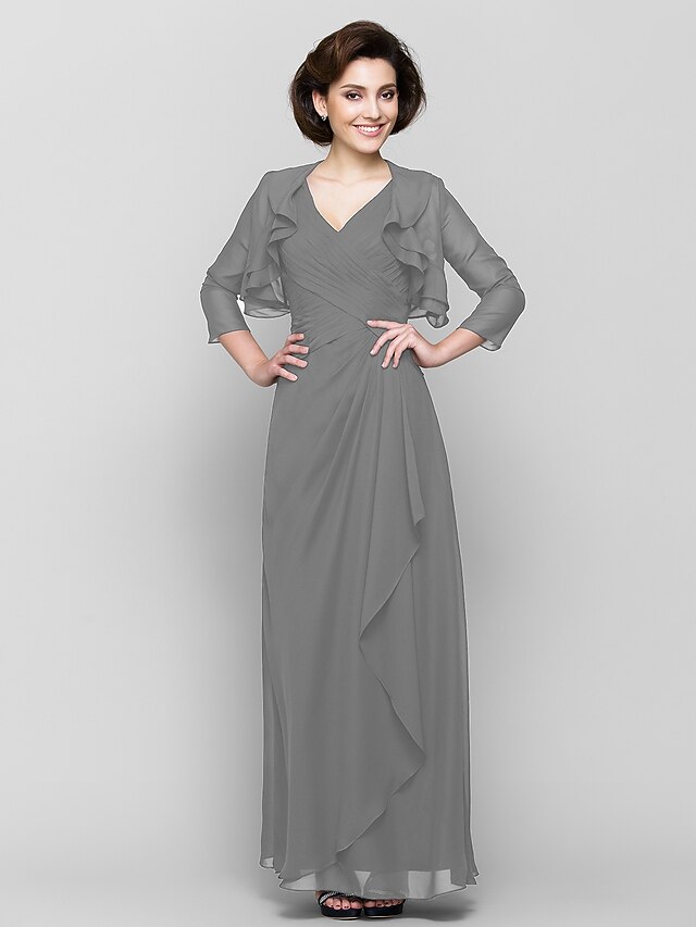 Gray Mother Of The Bride Dresses Sheath/Column V-Neck  3/4 Sleeve Long Mother Of The Bride Dress main image 1