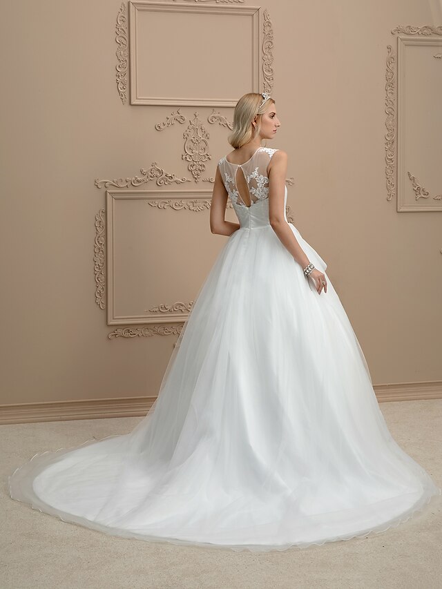  Hall Wedding Dresses Ball Gown Jewel Neck Regular Straps Court Train Organza Bridal Gowns With Appliques 2023