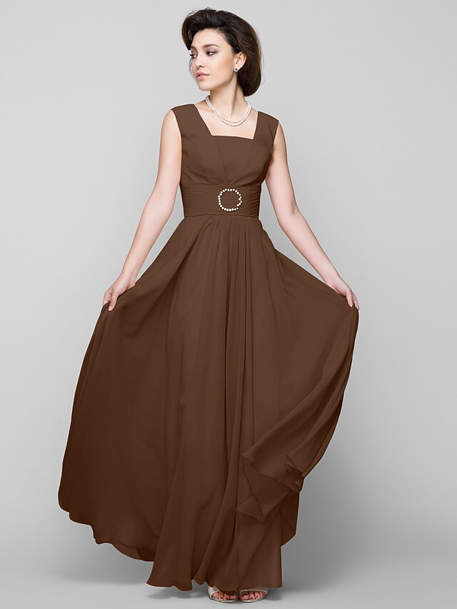  A-Line Square Neck Floor Length Chiffon Mother of the Bride Dress with Beading by LAN TING BRIDE®