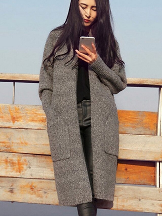  Women's Daily / Going out Casual Solid Colored Long Sleeve Long Cardigan, V Neck Spring Wool Camel / Dark Gray / Light gray One-Size