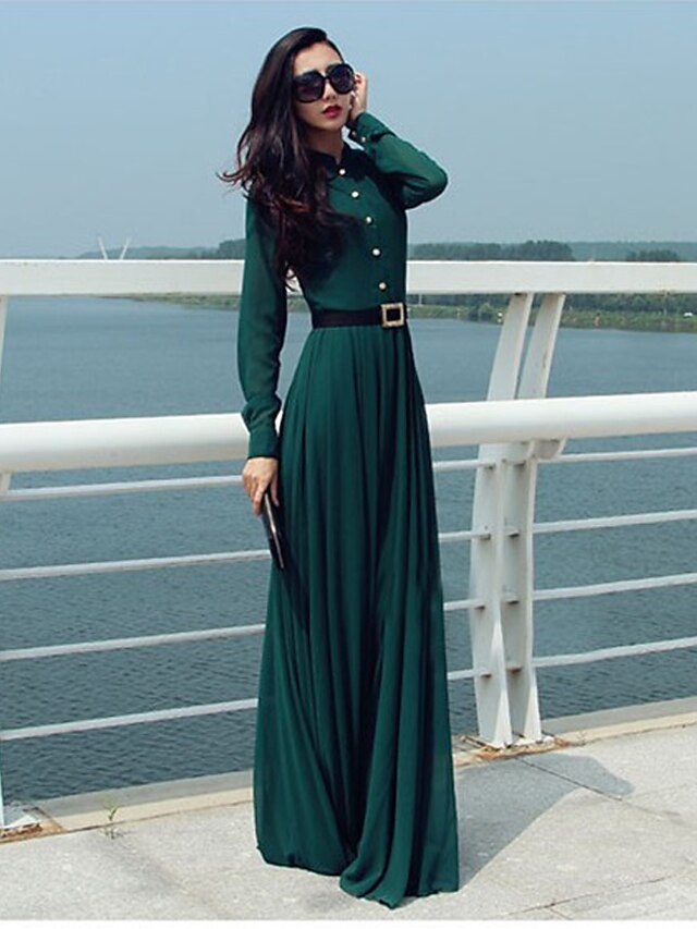  Women's Sheath Dress Maxi long Dress Green Long Sleeve Solid Colored All Seasons Crew Neck Streetwear Boho Loose S M L XL / Cotton