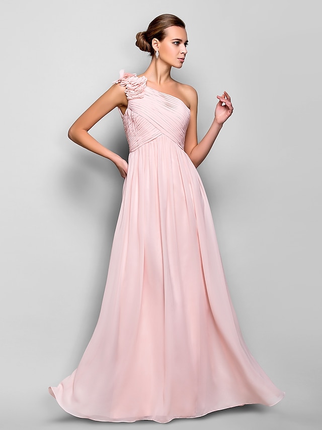  Sheath / Column Open Back Dress Prom Formal Evening Floor Length Sleeveless One Shoulder Chiffon with Criss Cross Ruched Flower 2024