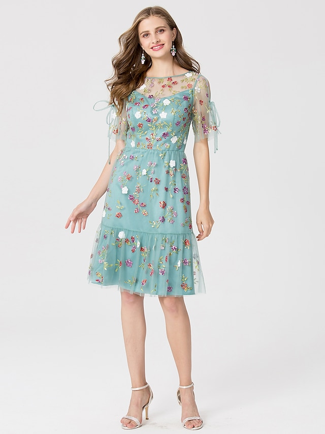  Sheath / Column Pattern Dress Dress Holiday Prom Knee Length Short Sleeve Bateau Neck Tulle with Pattern / Print 2024