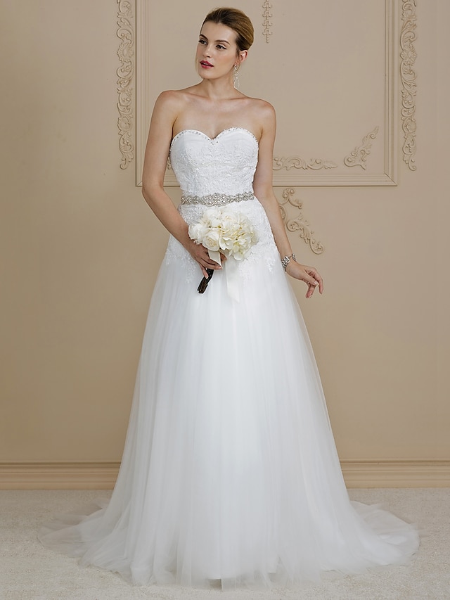  Salão Vestidos de noiva Linha A Decote Princesa Sem Alças Cauda Corte Renda Vestidos de noiva Com Botões Miçangas 2023