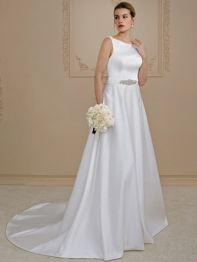  Ball Gown Wedding Dresses Scoop Neck Court Train Satin Regular Straps Simple Backless with Sashes / Ribbons Buttons Beading