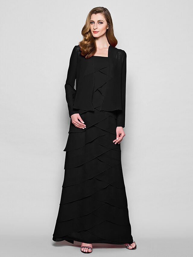  נדן/עמוד עיטוף שמלת אם הכלה כולל רצועות באורך הרצפה ג'ורג'ט שרוול ארוך עם קפלים סלסולים 2023