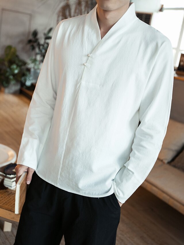  男性用 シャツ ソリッド プラスサイズ Ｖネック 日常 長袖 トップの アジアン・エスニック ホワイト ブラック