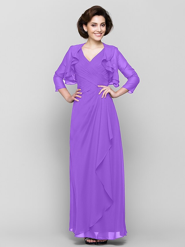 Sheath/Column V-Neck Three-Quarter Sleeve Floor-Length Mother of the Bride Dresses With Ruffles main image 1