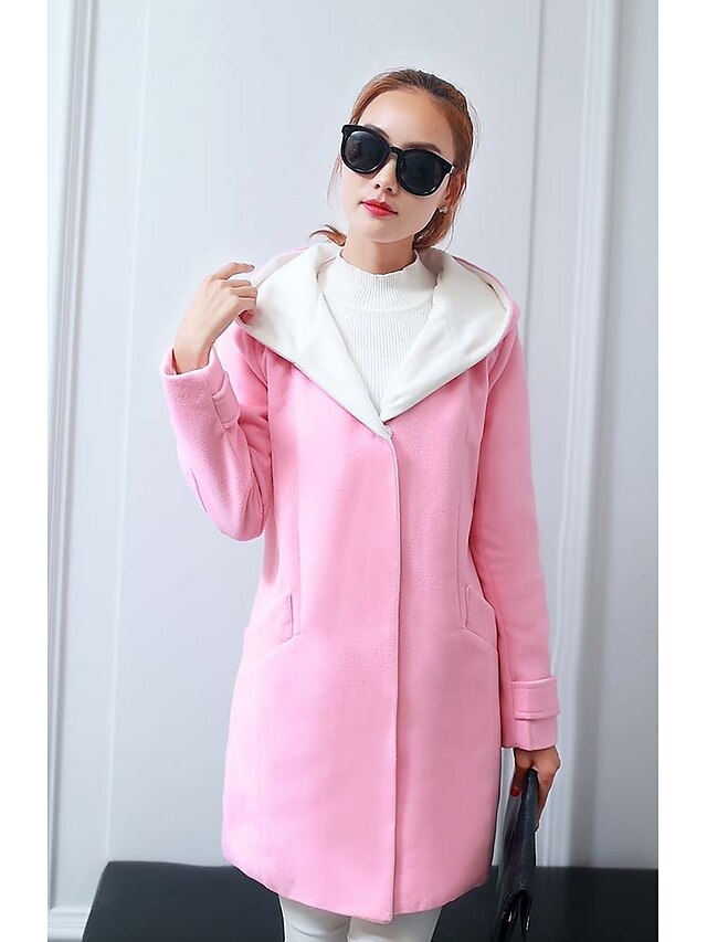  Women's Daily Basic Fall / Winter Long Pea Coat, Solid Colored Hooded Long Sleeve Polyester Blushing Pink / Red / Green