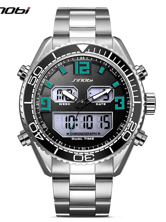  SINOBI Homme Montre de Sport Montre Japonais Numérique Acier Inoxydable Argent 30 m Calendrier LED Double Fuseaux Horaires Analogique - Digitale Numérique Luxe Simple - Vert foncé / Anti-Choc