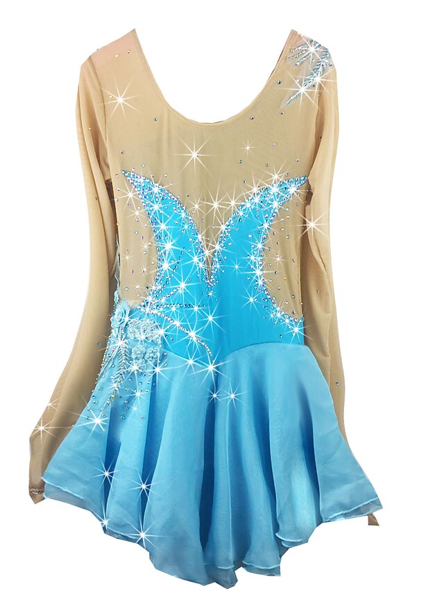  Figure Skating Dress Women's Girls' Ice Skating Dress Outfits Pale Blue Spandex High Elasticity Competition Skating Wear Handmade Solid Colored Long Sleeve Ice Skating Figure Skating / Rhinestone