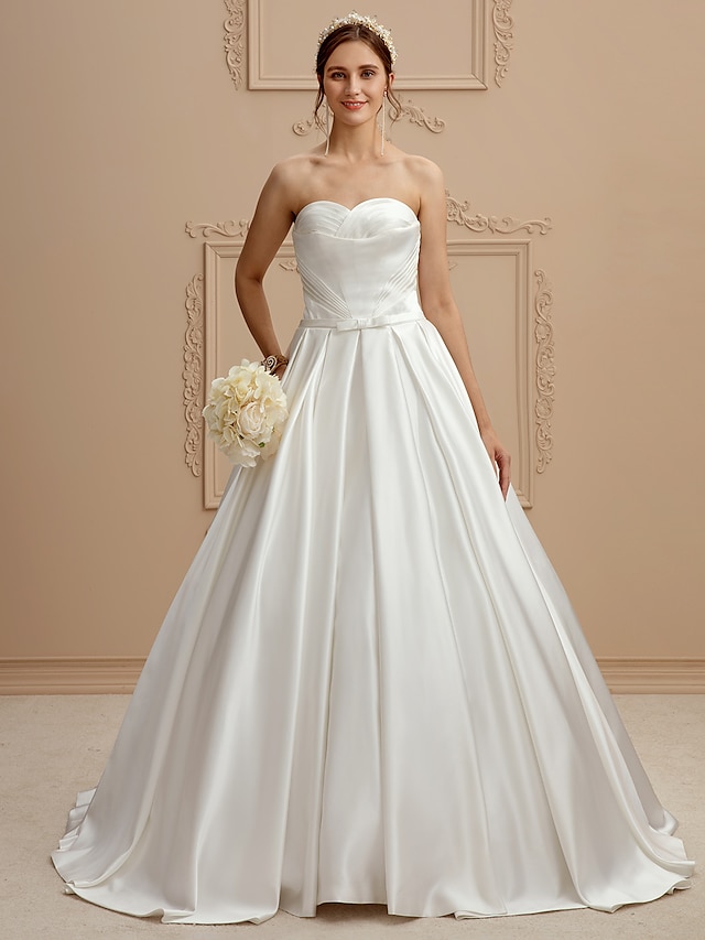  Γραμμή Α Καρδιά Ουρά μέτριου μήκους Σατέν Φορέματα γάμου φτιαγμένα στο μέτρο με Πλαϊνό ντραπέ / Χιαστί με LAN TING BRIDE® / Open Back
