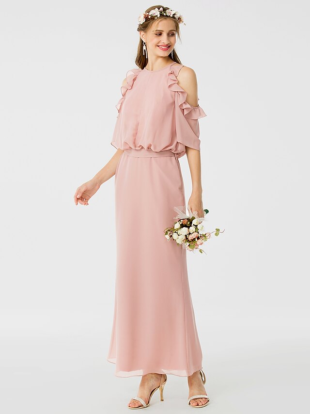  Sheath / Column Bridesmaid Dress Jewel Neck Short Sleeve Elegant Ankle Length Chiffon with Sash / Ribbon / Ruffles