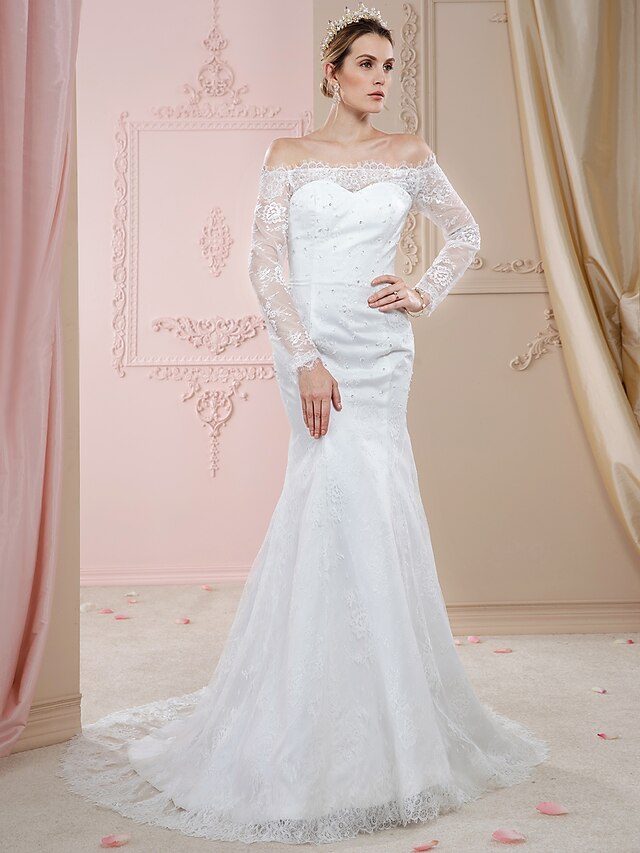  Salão Estilo real Vestidos de noiva Sereia Ombro a Ombro Manga Longa Cauda Corte Renda Vestidos de noiva Com Botões Detalhes em Cristal 2024