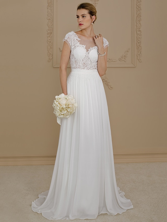  Wedding Dresses A-Line V Neck Cap Sleeve Sweep / Brush Train Chiffon Bridal Gowns With Appliques 2023