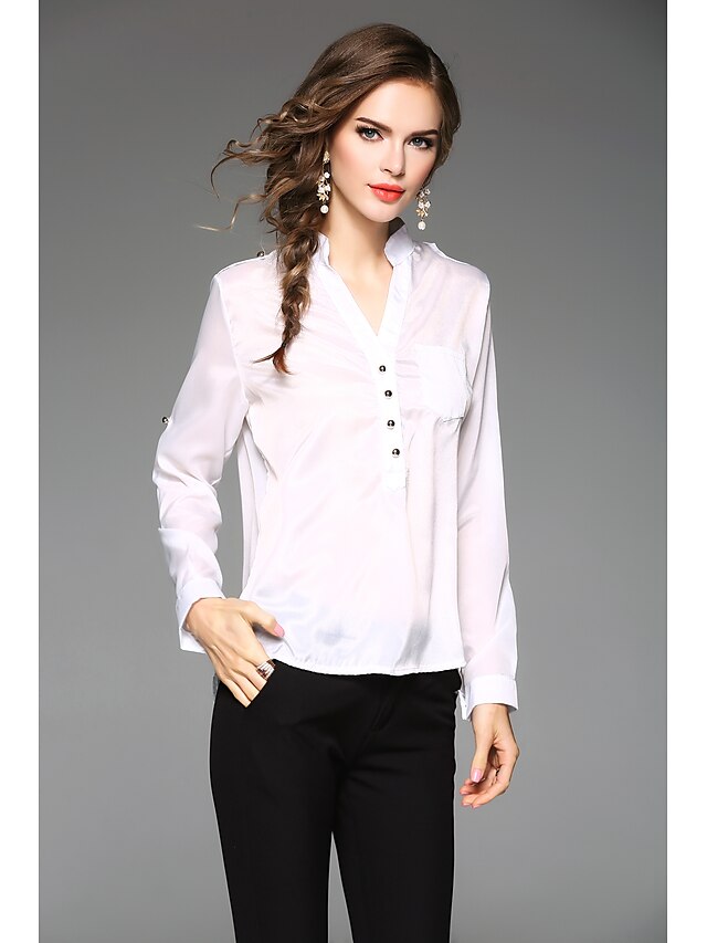  Women's Blouse Shirt Solid Colored V Neck White Black Blue Long Sleeve Plus Size Daily Tops Cotton Casual