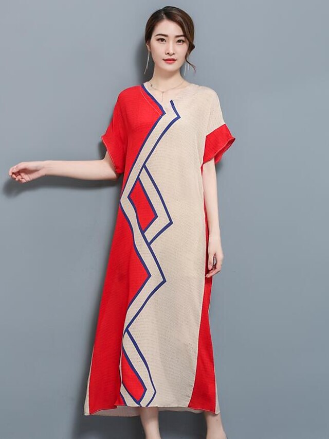  Women's Cotton Loose Dress - Color Block Maxi