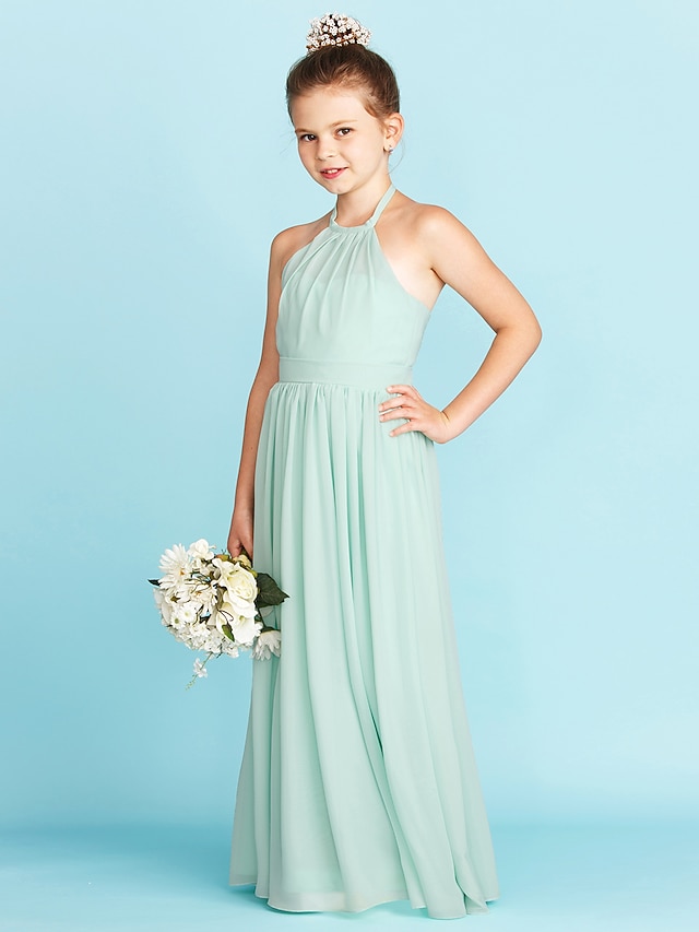 Simple Halter Floor-Length Junior Bridesmaid Gown Green