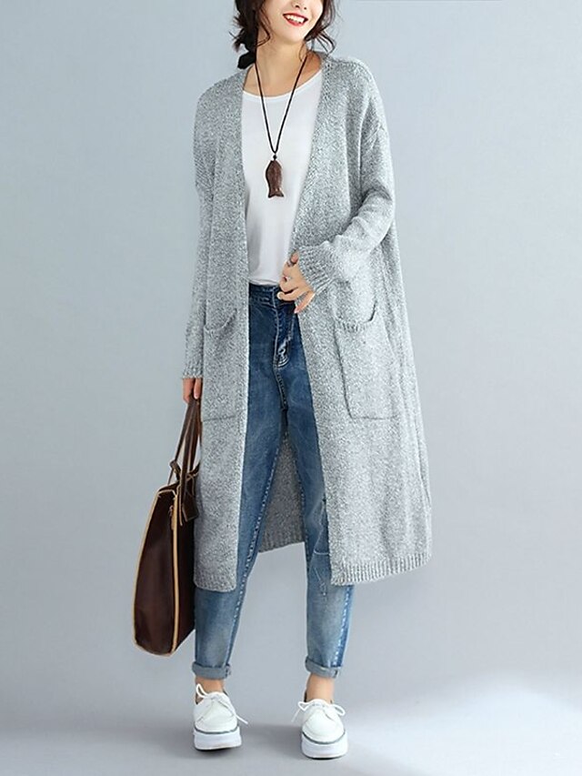  Women's Daily Solid Colored Long Sleeve Plus Size Long Cardigan, V Neck Fall / Winter Light gray / Dark Gray One-Size