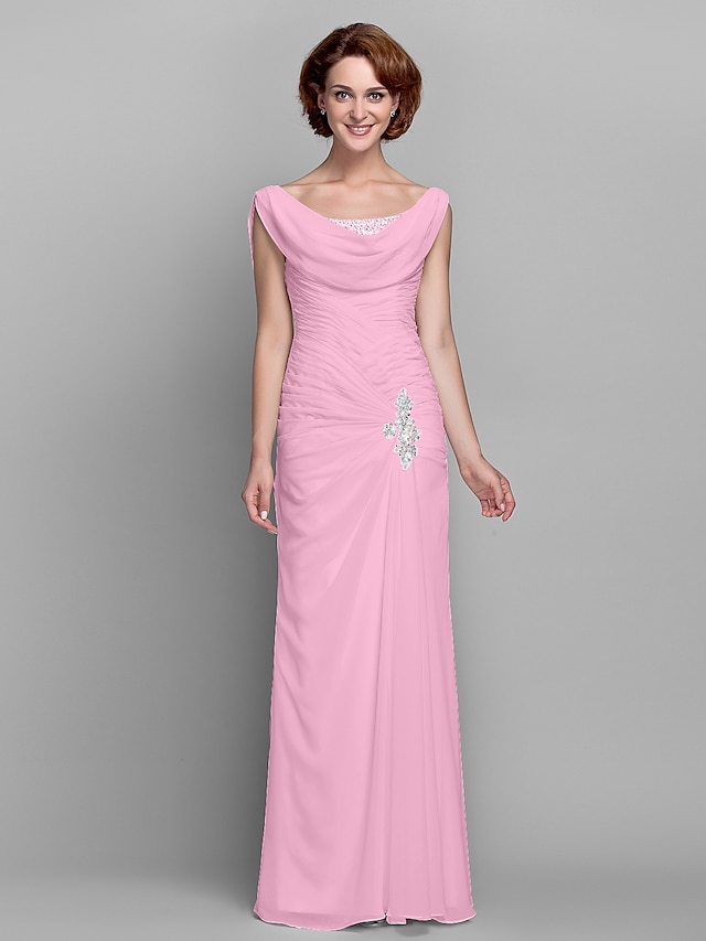 Sheath / Column Mother of the Bride Dress Vintage Inspired Cowl Neck Floor  Length Chiffon Sleeveless with Buttons Criss Cross Crystals 2023 2023 - US  $