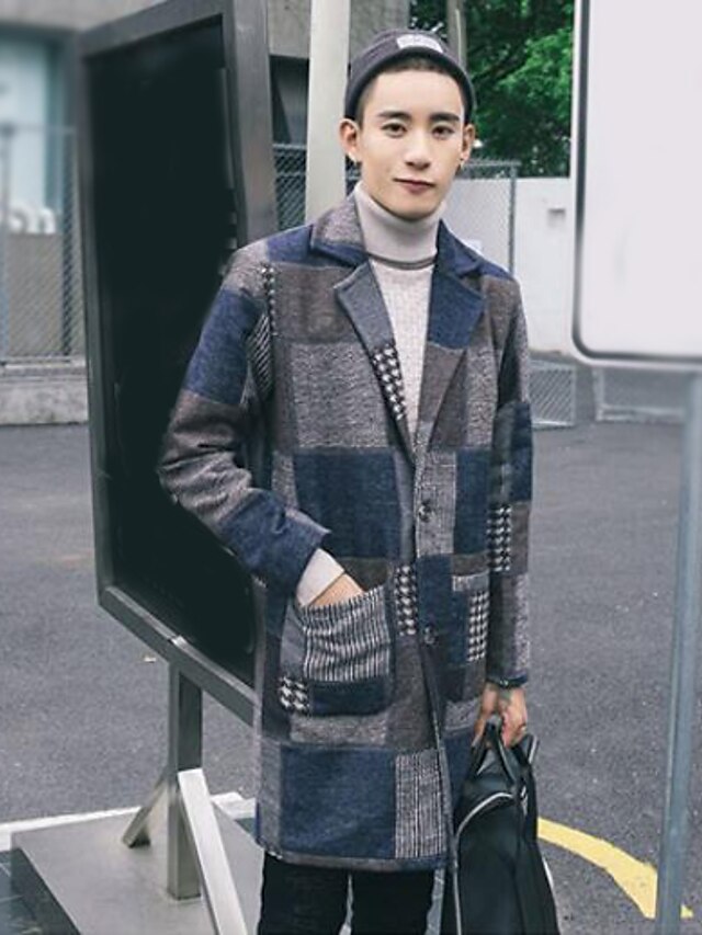  Men's Daily Simple / Casual Winter Long Coat Peaked Lapel Long Sleeve Others Print Blue / Green
