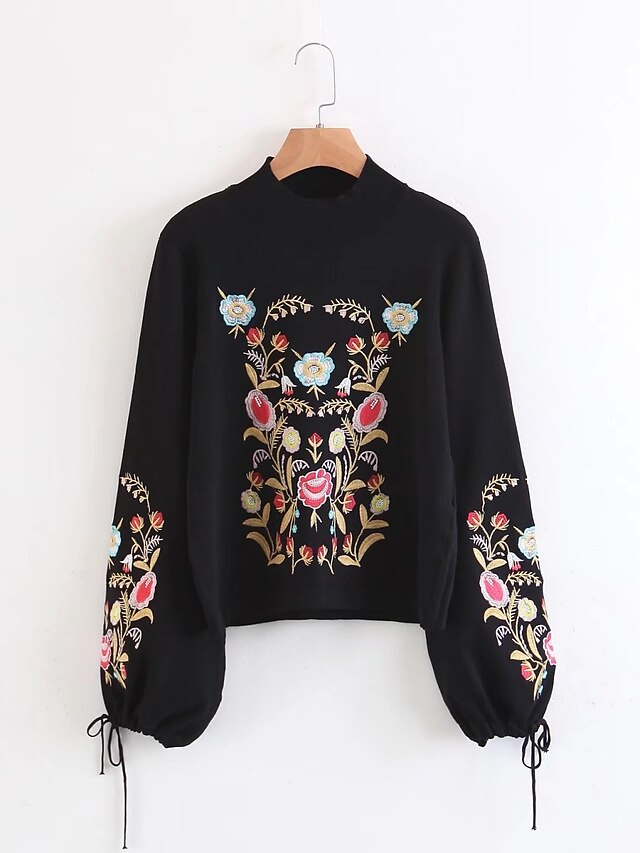  Women's Daily / Going out Embroidered / Print Solid Colored Long Sleeve Regular Pullover, Crew Neck Spring / Fall Wool / Cotton Black S / M / L / Embroidery