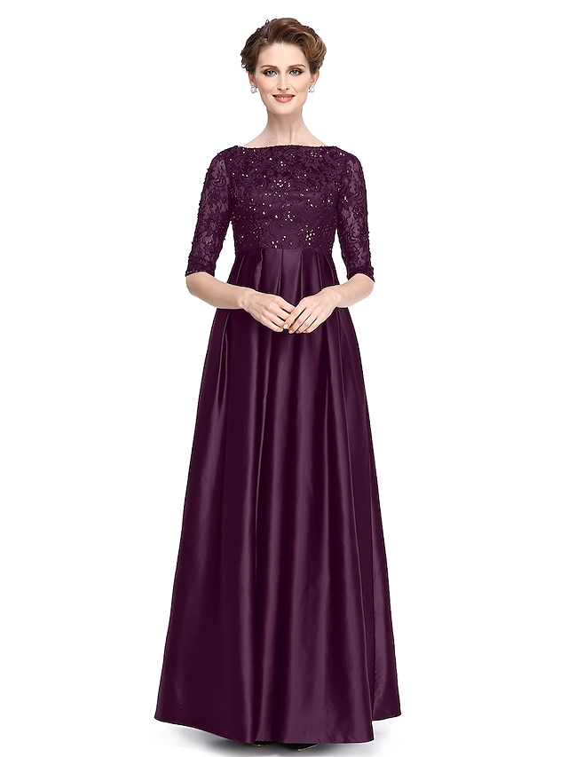  A-Line Mother of the Bride Dress Elegant Plus Size Bateau Neck Floor Length Lace Stretch Satin Half Sleeve No with Beading 2024