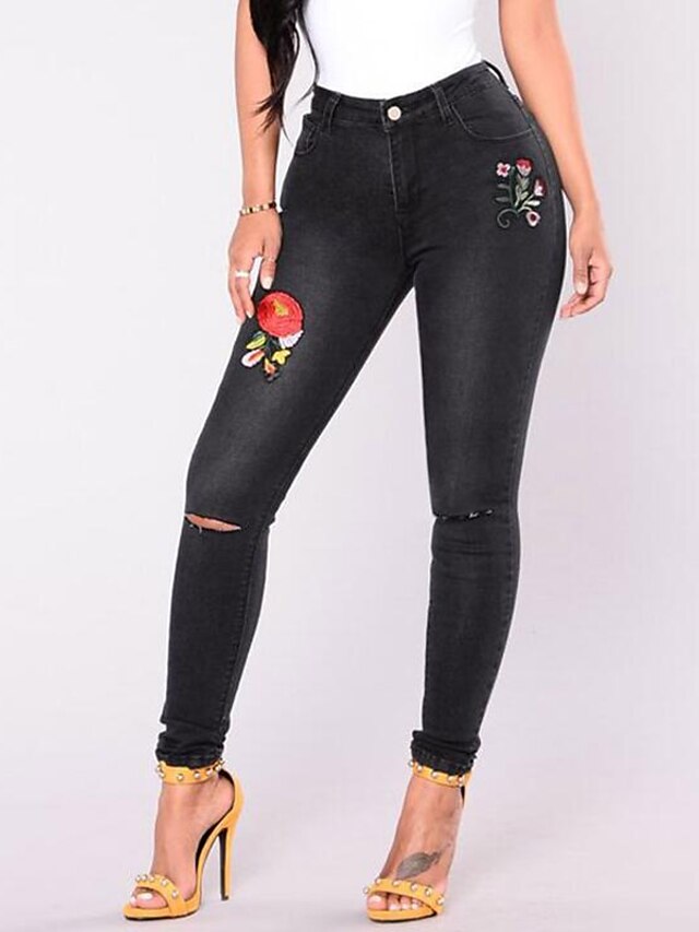  Women's Street chic Daily Skinny / Jeans Pants - Embroidered Ripped / Embroidered Black S M L