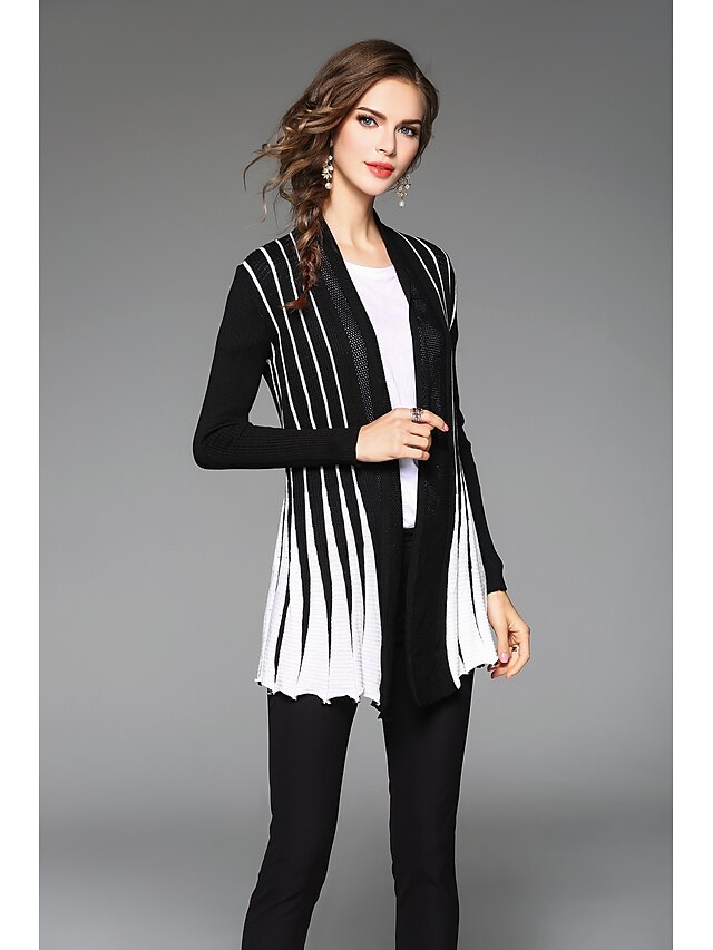  Women's Long Sleeve Cotton Cardigan - Color Block, Pleated / Fall