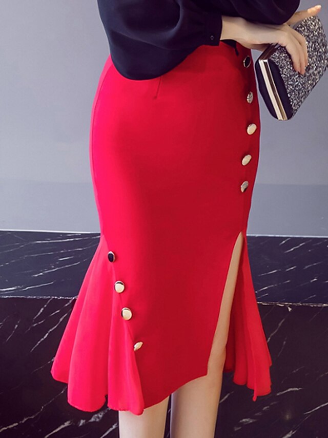  Women's Bodycon Trumpet / Mermaid Skirts Going out Plus Size Solid Colored Split Black Red S M L / Rivet / Sexy