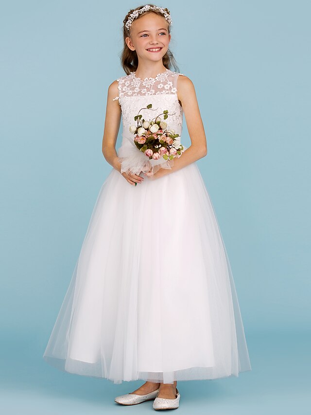 A-Line Crew Neck Tea Length Lace & Tulle Junior Bridesmaid Dress w/ Sash Ribbon Pleats for Weddings & Parties Open Back & See Through Design