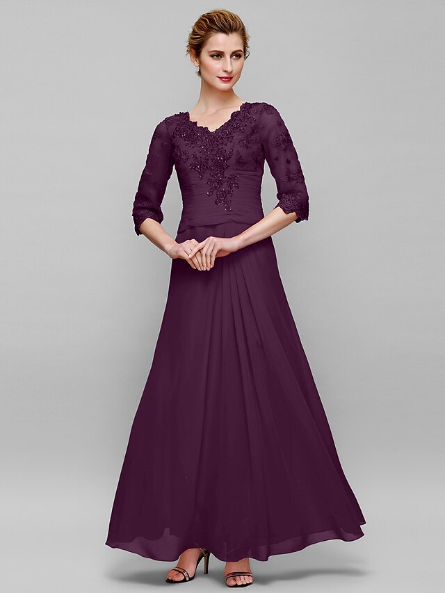  Sheath / Column V Neck Floor Length Chiffon / Lace Mother of the Bride Dress with Appliques by LAN TING BRIDE®