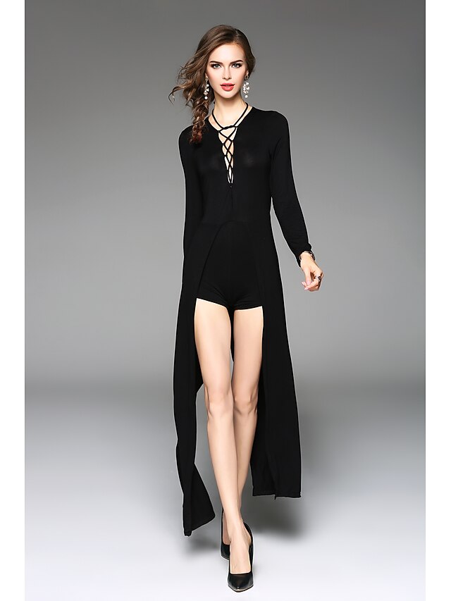  שרוול ארוך גיזרה גבוהה M L XL רשת אחיד, סרבלים רזה שחור Wine V עמוק תחרה בגדי ריקוד נשים