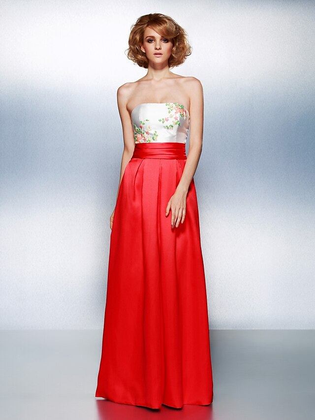  Sheath / Column Color Block Prom Formal Evening Dress Strapless Sleeveless Floor Length Satin with Sash / Ribbon Ruched Beading