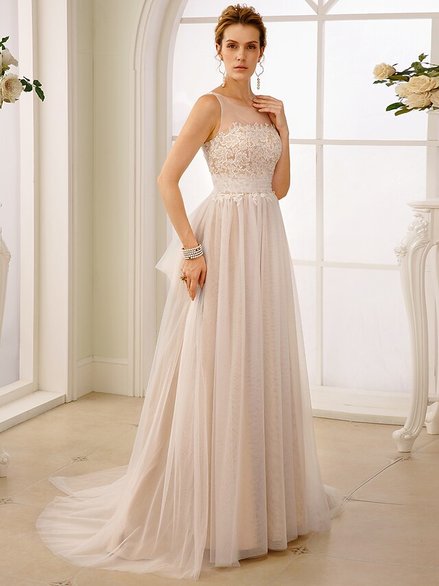  Αίθουσα Φορεματα για γαμο Ουρά Πριγκίπισσα Αμάνικο Λαιμός ψευδαίσθησης Δαντέλα Με Ζώνη / Κορδέλα Φιόγκος(οι) 2023 Φθινόπωρο Νυφικά φορέματα