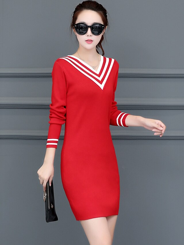  Dames Trui-jurk Bodycon Mini-jurk Zwart Rood Lange mouw Rood Kleurenblok Herfst V-hals Streetwear Normale pasvorm Een maat / Katoen