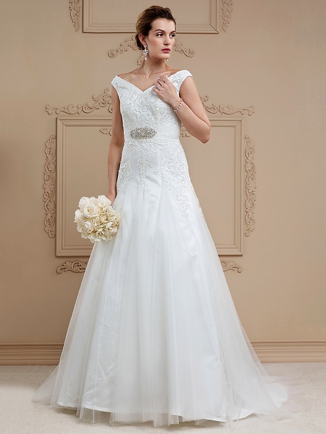  Vestidos de noiva Linha A Decote V Alças Cauda Corte Renda Vestidos de noiva Com Caixilhos / Fitas Detalhes em Cristal 2023