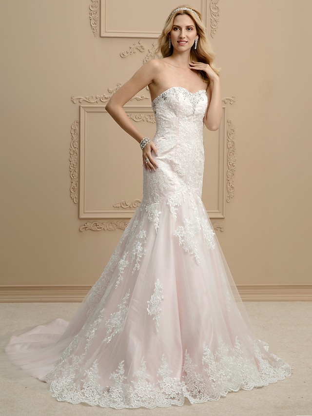  Hall Wedding Dresses Mermaid / Trumpet Sweetheart Strapless Chapel Train Lace Bridal Gowns With Beading Appliques 2023