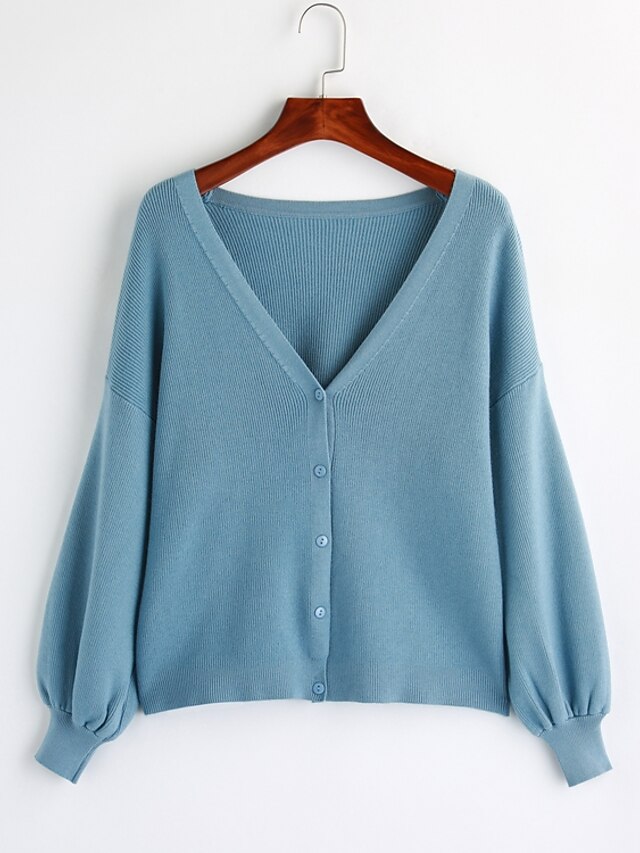  Women's Casual Puff Sleeve Cardigan - Solid Colored, Classic Style / Butterly Style V Neck