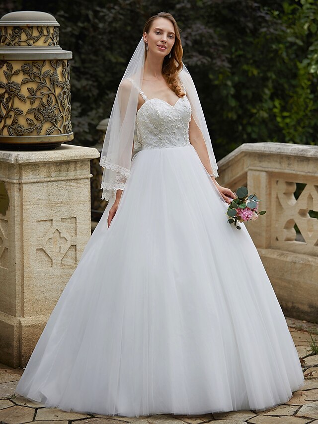  Svatební šaty Plesové šaty Srdcový výstřih Špagetová ramínka Na zem Tyl Svatební šaty S Korálky Aplikace 2023
