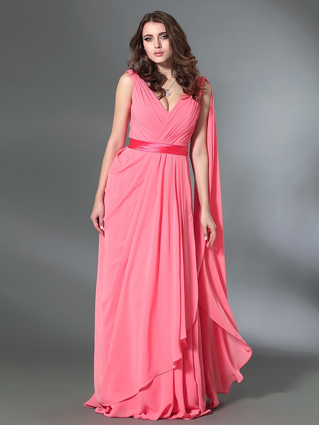  A-Line V Neck Floor Length Chiffon / Stretch Satin Dress with Draping / Sash / Ribbon by TS Couture®